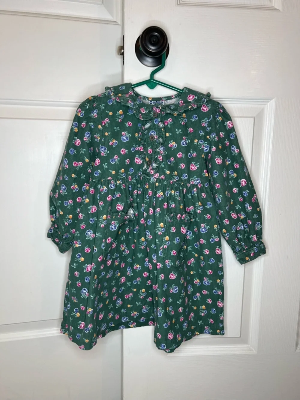 OshKosh B'gosh Green Long Sleeve Floral Corduroy Dress Girls Sz 3T.